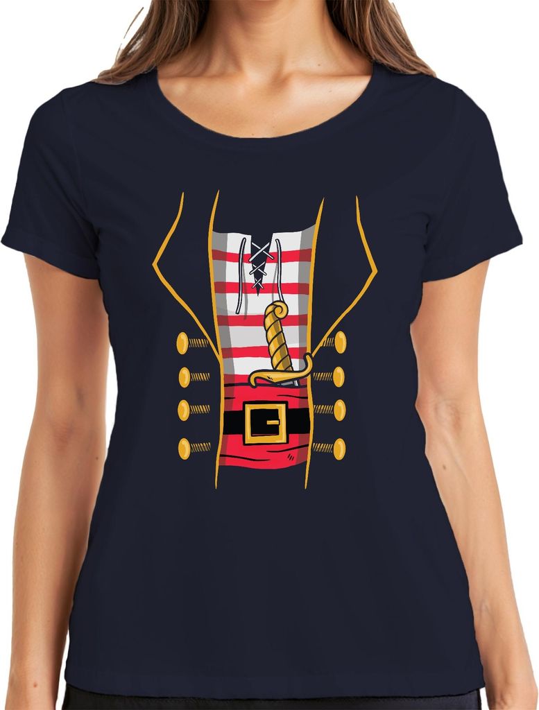 Pirat Korsar Säbel Gürtel gestreift Knöpfe Karneval Vintage Damen T-Shirt, Navy, 3XL