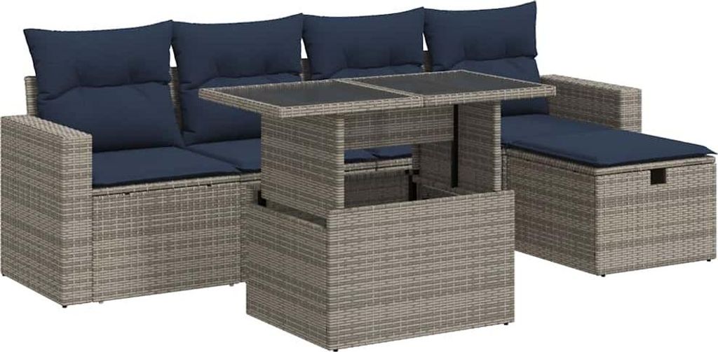 vidaXL 6-tlg. Garten-Sofagarnitur mit Kissen Grau Poly Rattan