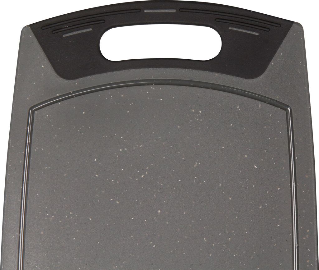 A close-up view of a gray cutting board with a black handle.