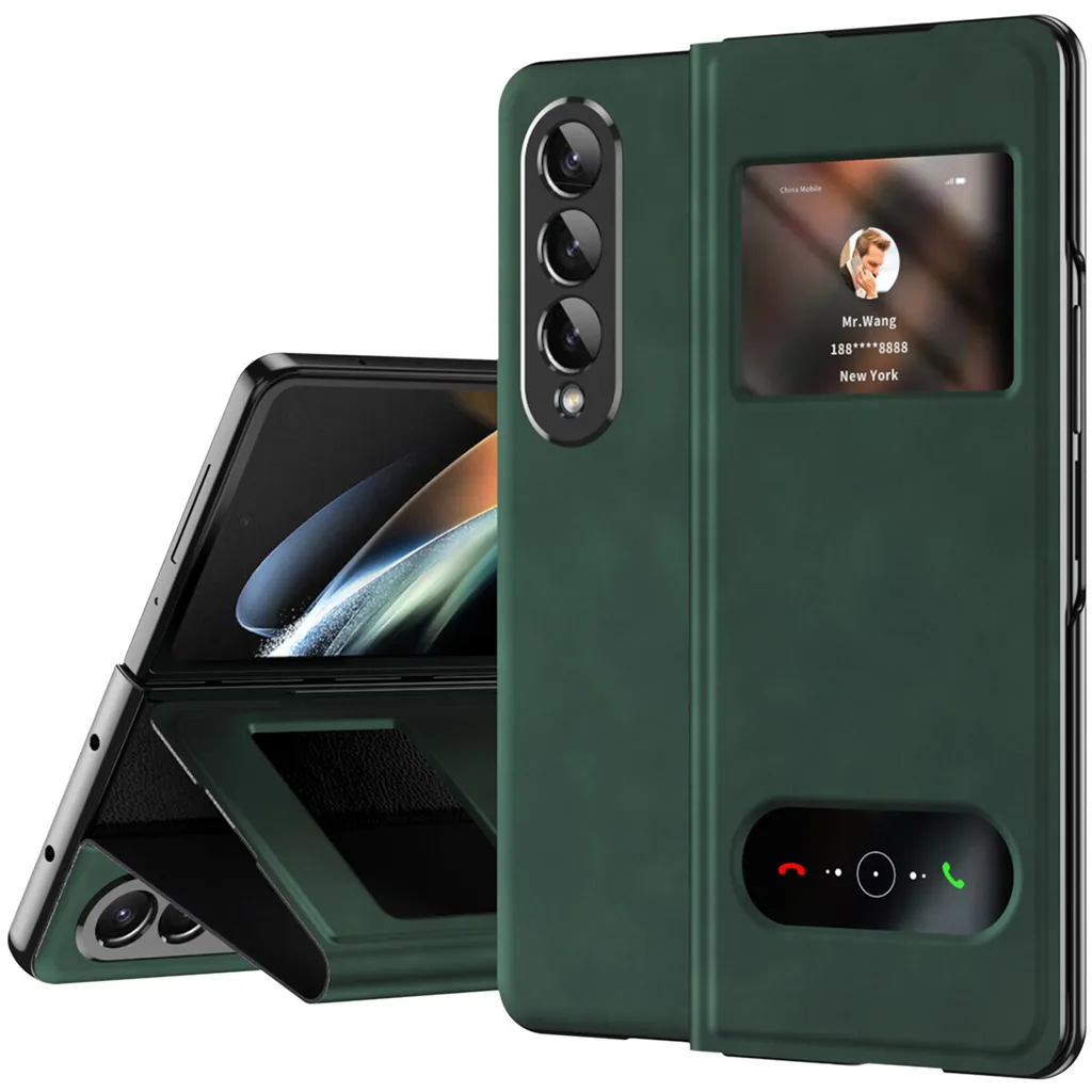 Green Leather Cover Z Fold 3: Custodia con Finestra e Stand