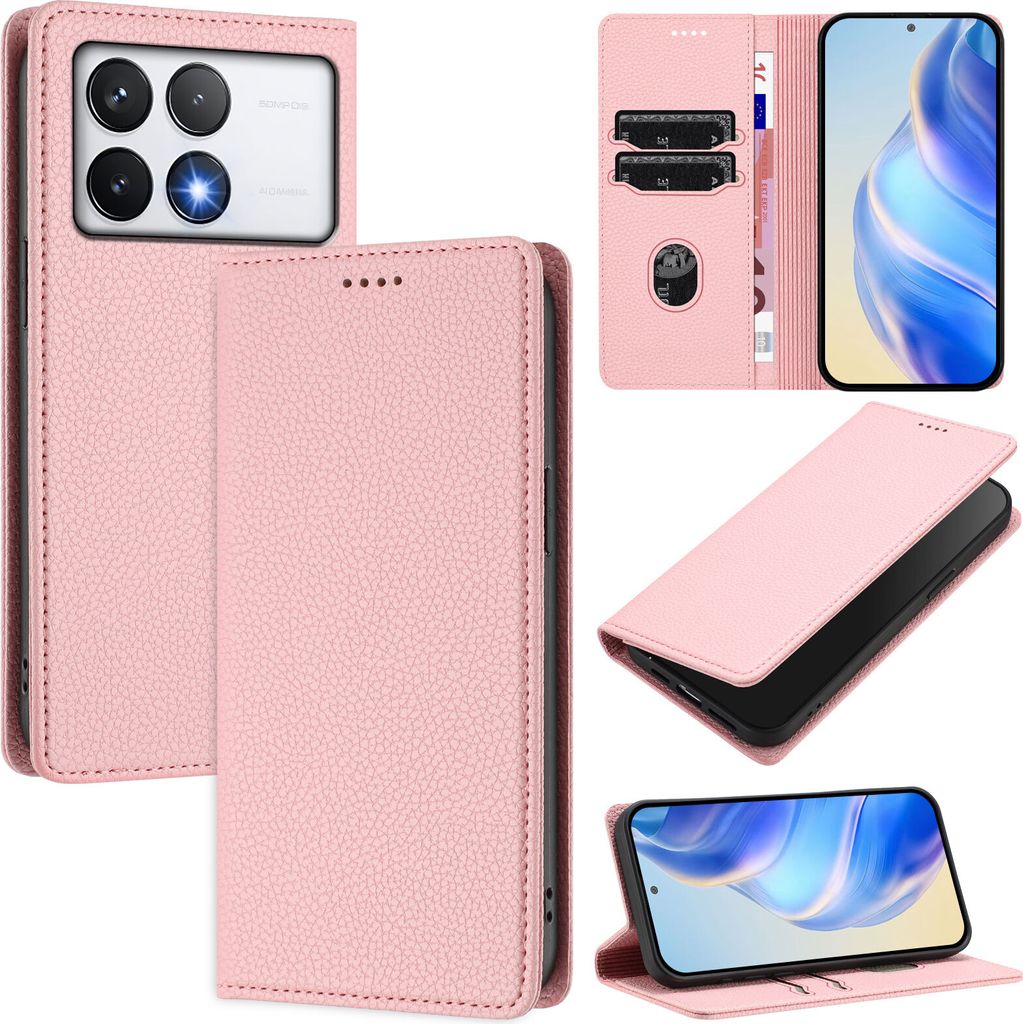 Litchi Leder Handyhülle für Xiaomi Poco F6 Pro/Redmi K70/K70 Pro Wallet Kartenfächer Standfunktion Hülle Pink