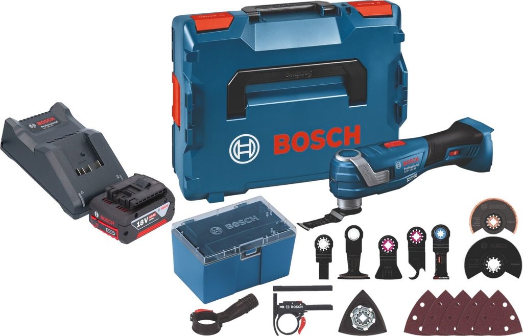 Bosch GOP 18V-34 Professional Akku Multi Cutter 18 V Starlock Plus + 1x Akku 4,0 Ah + Ladegerät + 17 tlg. Zubehör + L-Boxx
