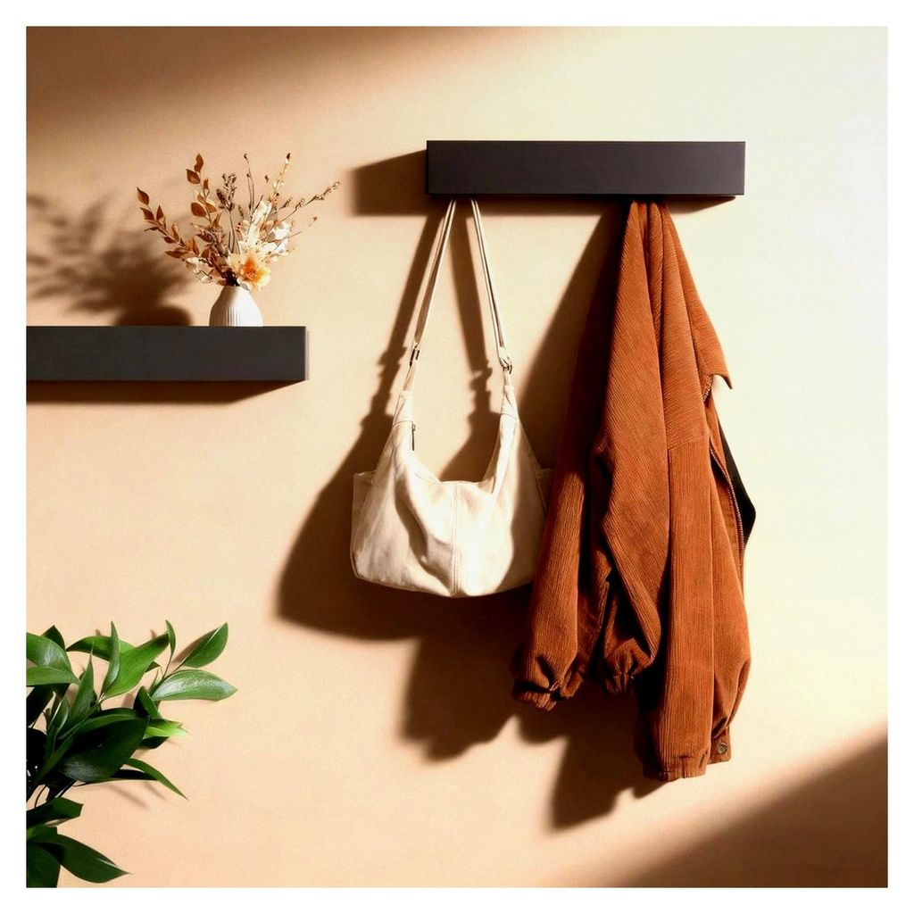 Wandgarderobe 43,5 cm mit Ablage, Moderne Garderobenleiste mit 5 verdeckten Kleiderhaken, Schwarz für Flur, Schlafzimmer und Wohnzimmer, Jackenhalter
