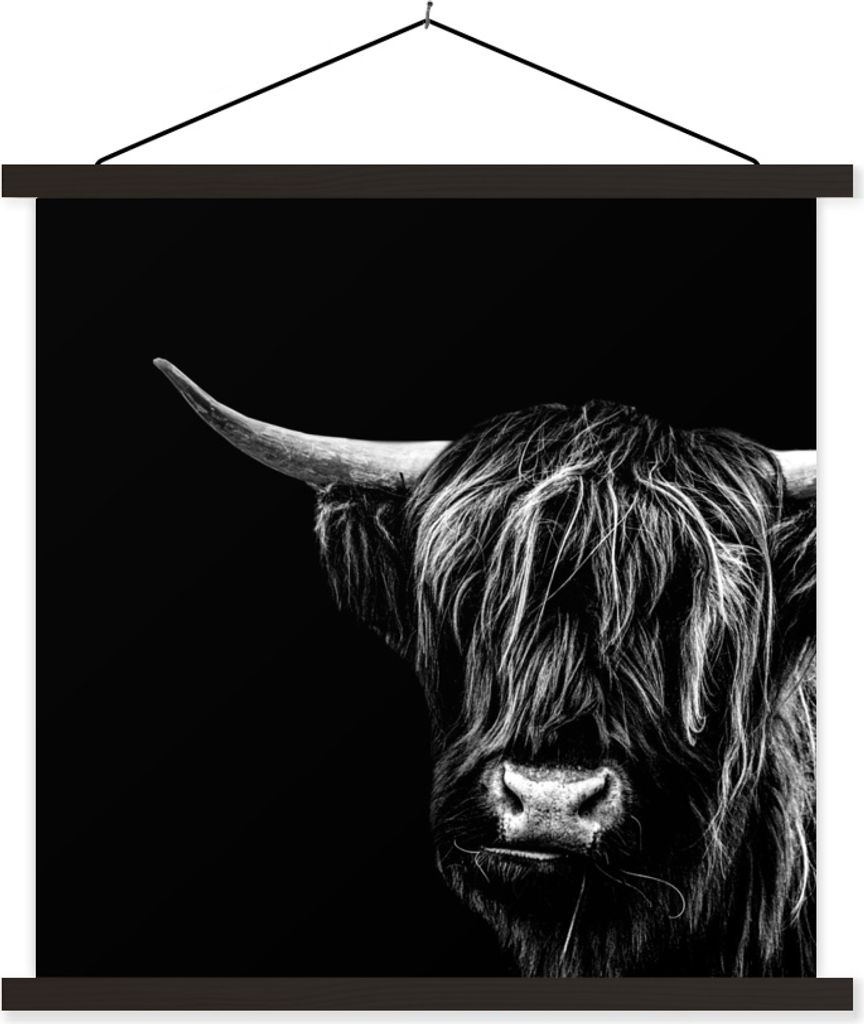 MuchoWow Textilposter Schottisches Hochlandrind - Horn - Schwarz - Weiß 60x60 cm mit schwarzem Rahmen - Posteraufhänger