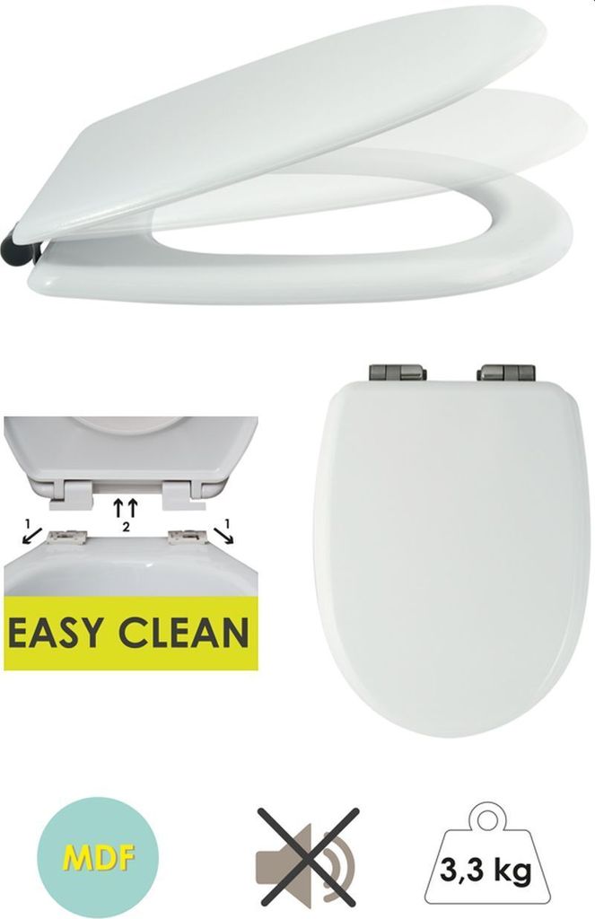 A collage of images showing a white toilet seat from different angles, including a close-up of the hinges and a diagram illustrating its features.