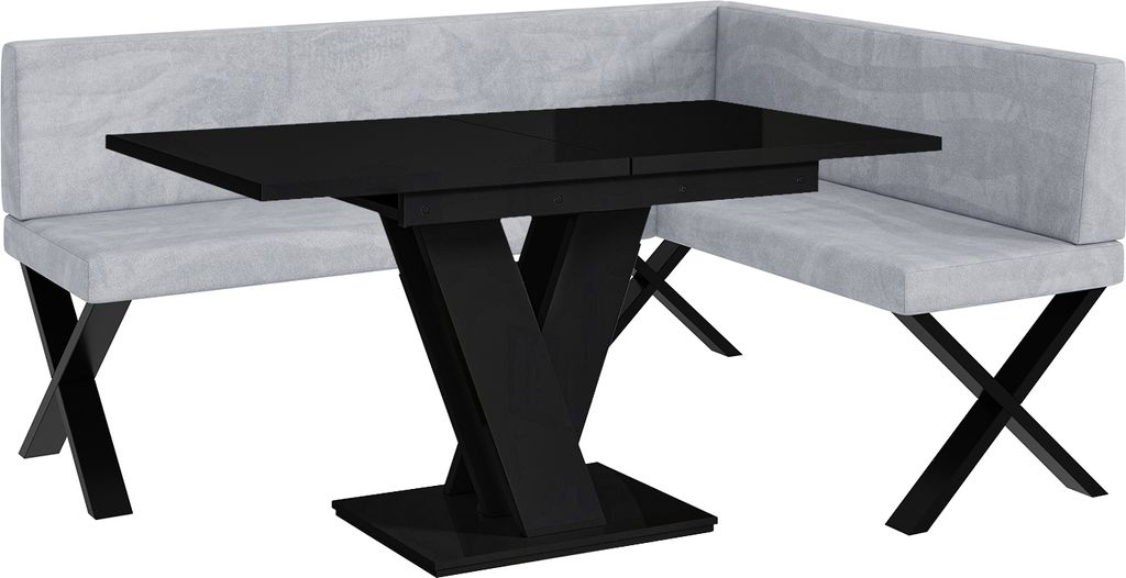 MEBLINI Eckbank für Esszimmer mit ausziehbarem Tisch - Küchenbank - Essecke - Sitzecke Küche - TONI - X-Beine 128x168x87cm Rechts - Hellgrau Sam...