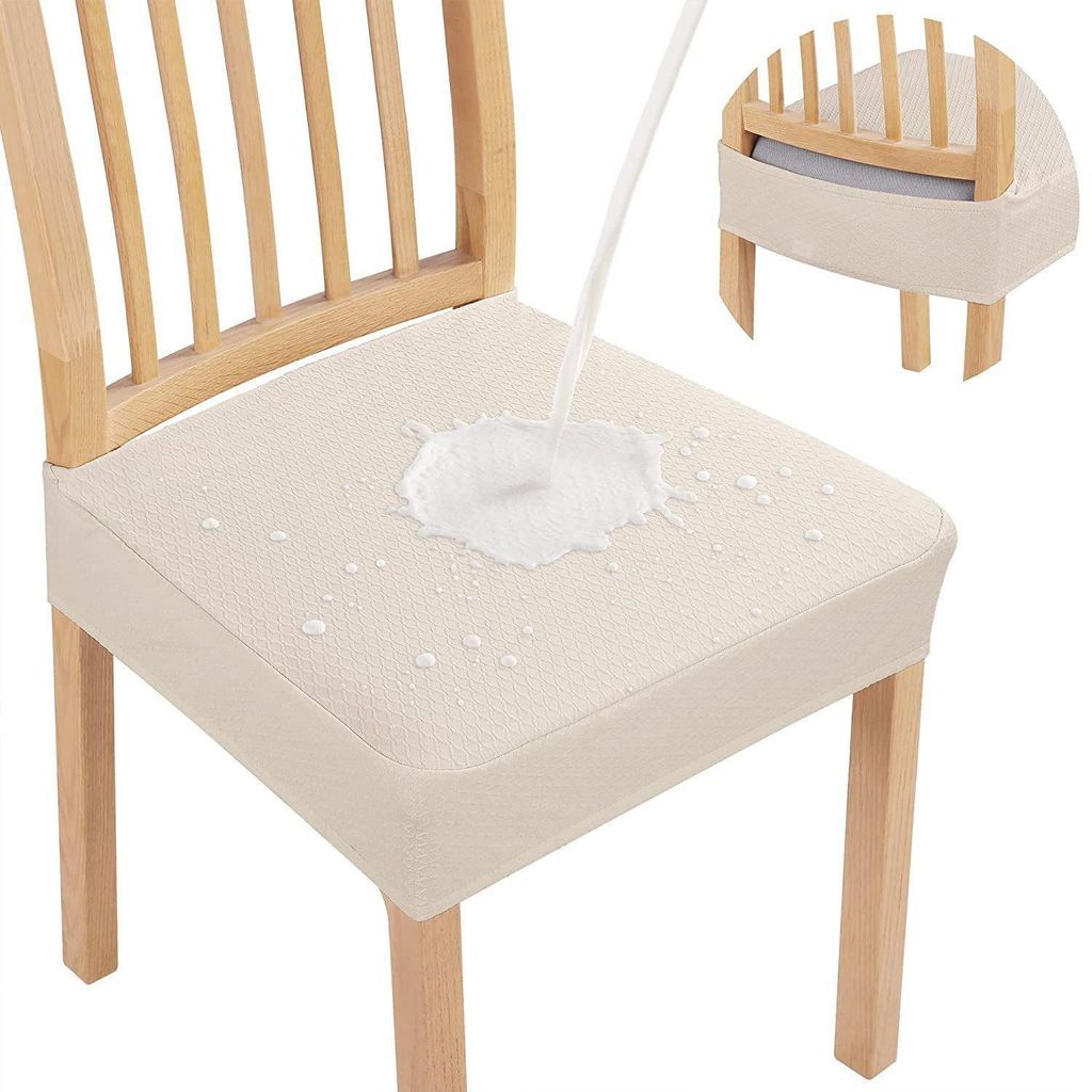 4er Set Jacquard Esszimmerstuhl Sitzbezüge, Waschbarer Stretch Stuhlbezug, Beige