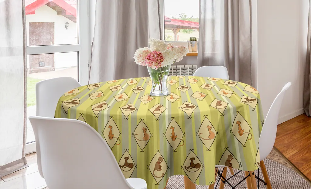 ABAKUHAUS Tovaglia rotonda per gatti, motivi di gatti in elementi a rombo, tovaglia circolare per decorazione sala da pranzo cucina, 150 cm, senape verde avocado