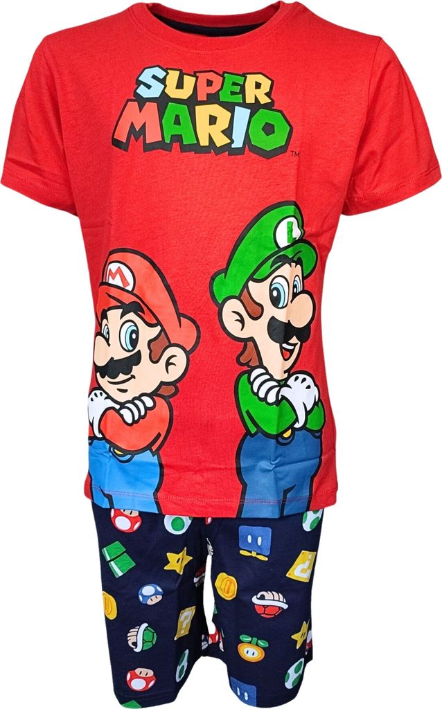 Schlafanzug kurz Super Mario & Luigi Rot-Blau 104 cm