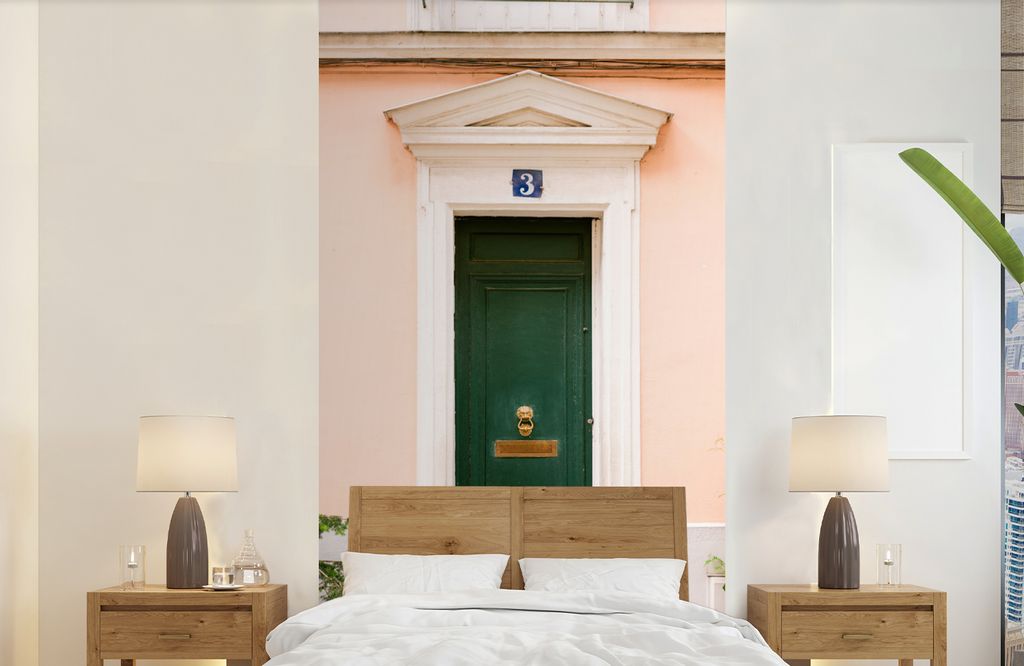 MuchoWow Fototapete für Wohnzimmer oder Schlafzimmer Wandtapete Vinyl Motivtapete Paris - Grün - Tür - Pastell - Architektur - 120x240 cm - Hi...