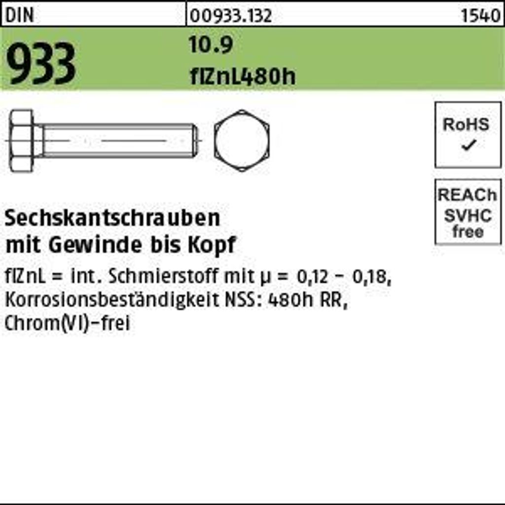 Sechskantschraube DIN 933 VG M 6 x 55 10.9 flZnL/nc/x/x/480h/C