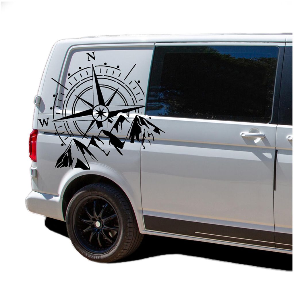 Auto Aufkleber Set „Kompass & Berge“ 60x56 cm – Outdoor Berg Motiv Fahrzeug Sticker Wetterfest - KX072-01 Kompass Schwarz + KX073-01 Berge Sc...