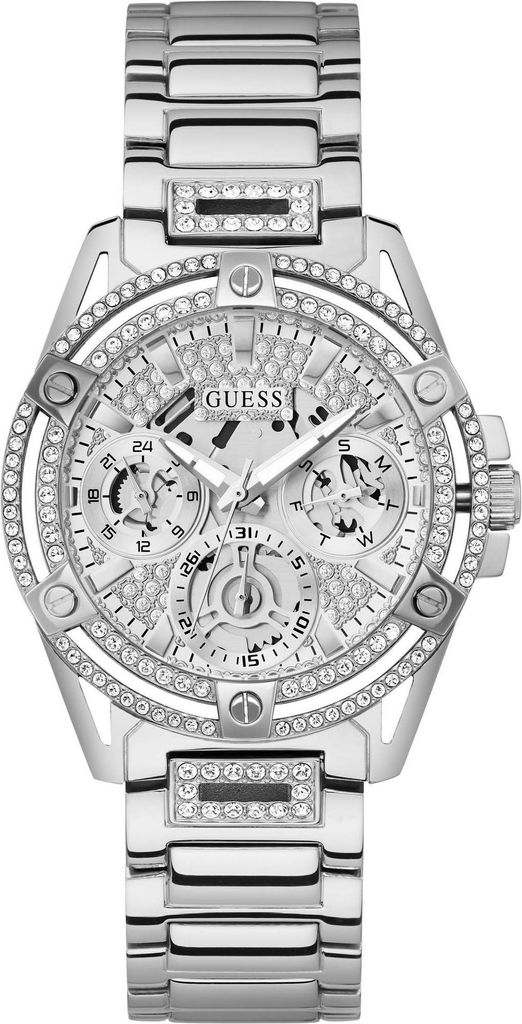 A close-up, studio shot of a silver Guess watch with a diamond-encrusted bezel and dial.