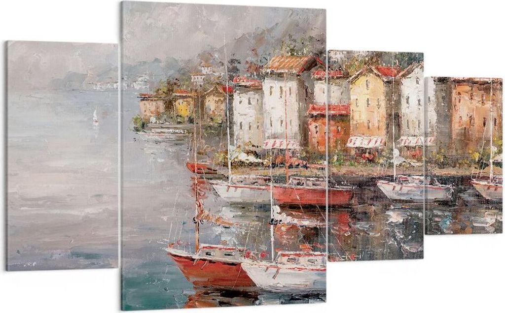 Bild auf Leinwand - Leinwandbild - 4 Teile - Meer Hafen Segel - 160x90cm - Wand Bild - Wanddeko - Wandbilder - Leinwanddruck - Bilder - Wanddekorat...