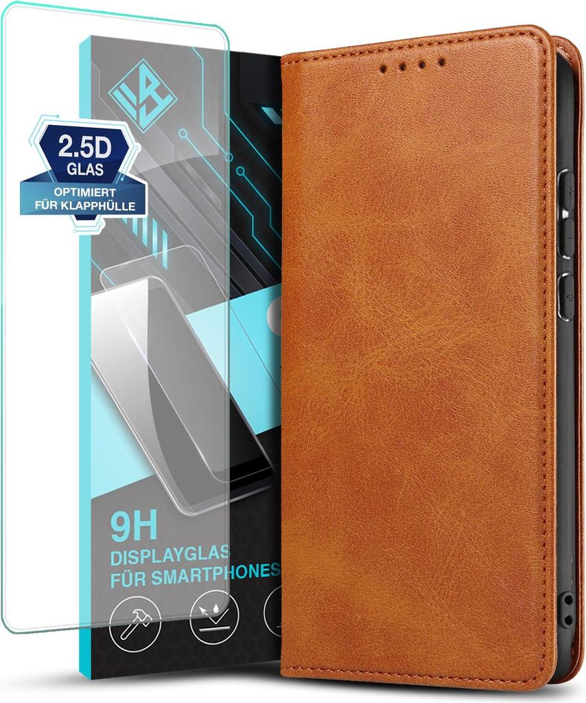 Handyhülle für Xiaomi 15T Pro mit 9H Displayglas Kunstleder Flip Cover Hülle Handytasche Case Kartenfach Farbe: Hellbraun