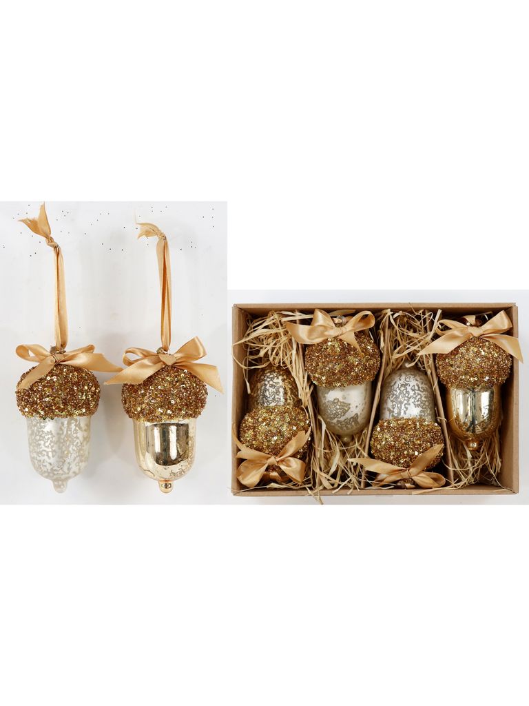 Hoff INTERIEUR 3126 VINTAGE-BOX EICHELN 4er-Set Glasschmuck ca. ø7x12cm Box: 19,5x9x29,5cm XMAS