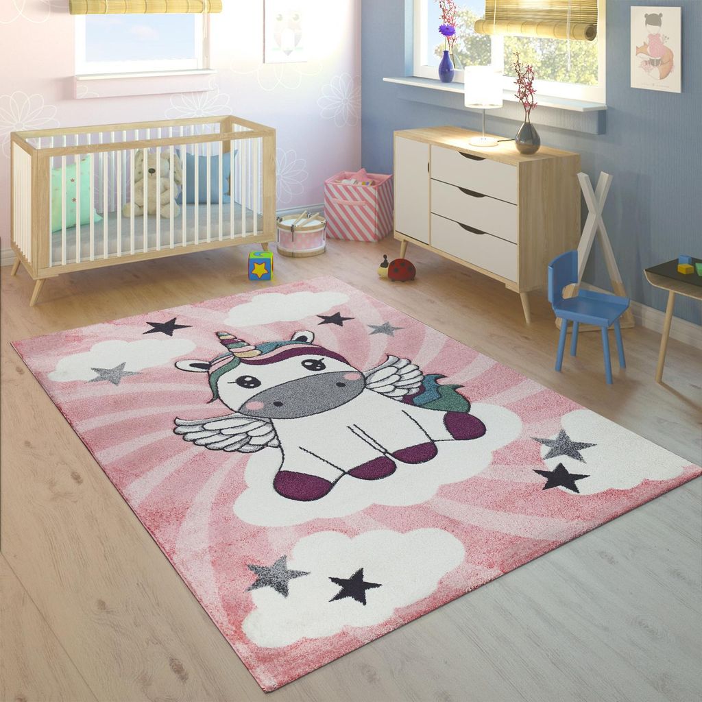 Kinderteppich Kinderzimmer Mädchen Modern Einhorn Auf Wolken In Rosa Lila Grösse 240x340 cm