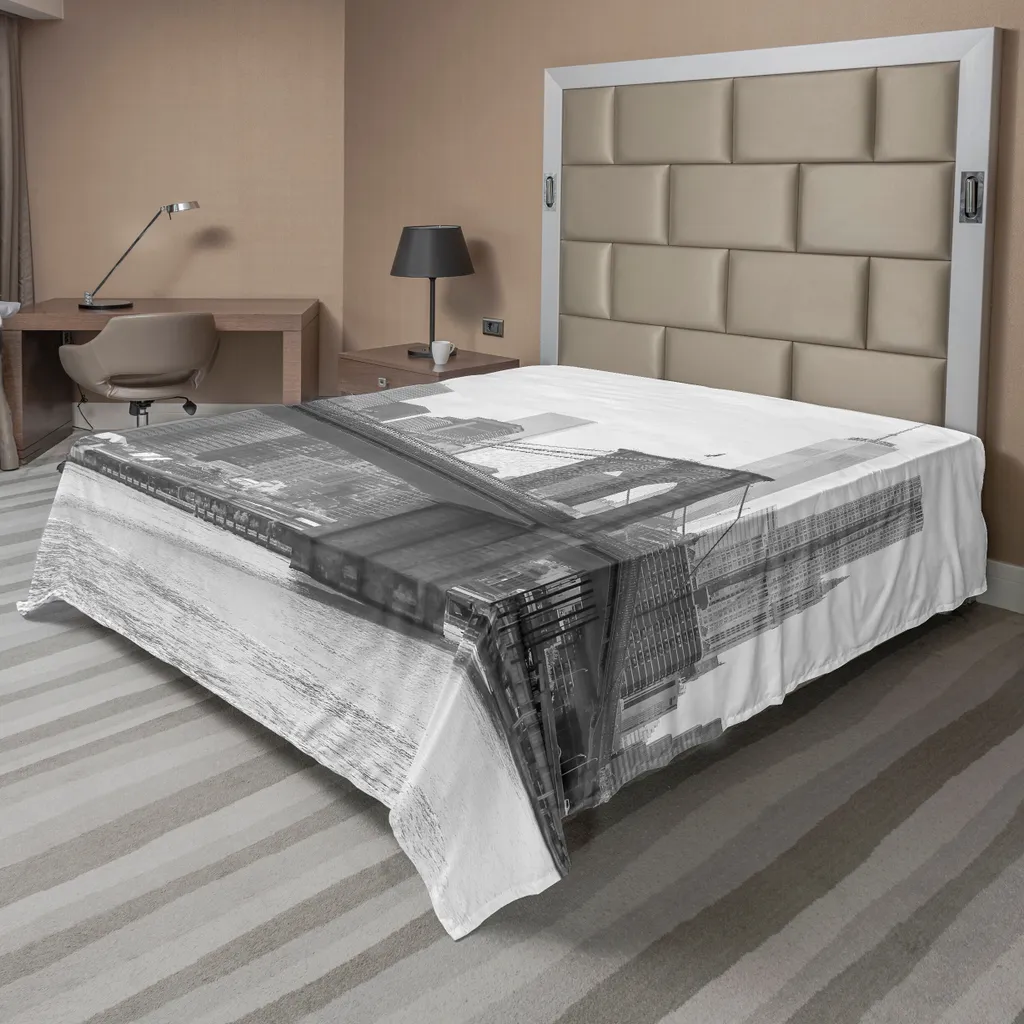ABAKUHAUS Lenzuolo da letto con paesaggio, foto del ponte di Brooklyn sull'East River e silhouette di grattacieli sullo sfondo, lenzuolo morbido e confortevole per un letto decorativo 1 pezzo 275 cm x 260 cm, bianco grigio