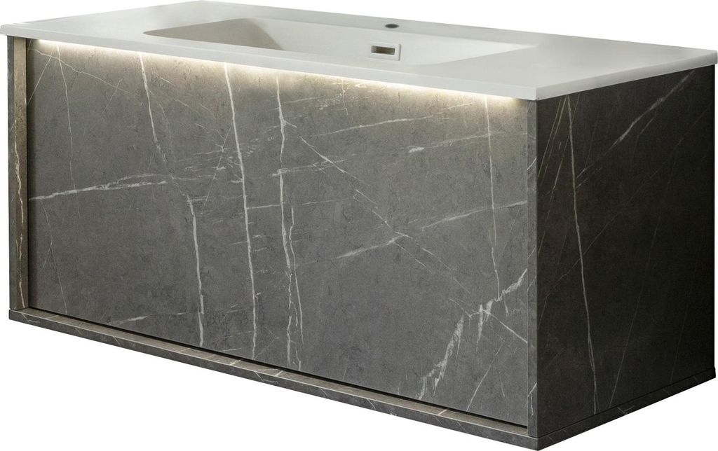 LANZET DUNE Waschbecken mit Unterschrank 101 cm, Marmor Grau, Gussmarmor Weiß, LED-Beleuchtung Eleganz und Funktionalität für Dein Bad