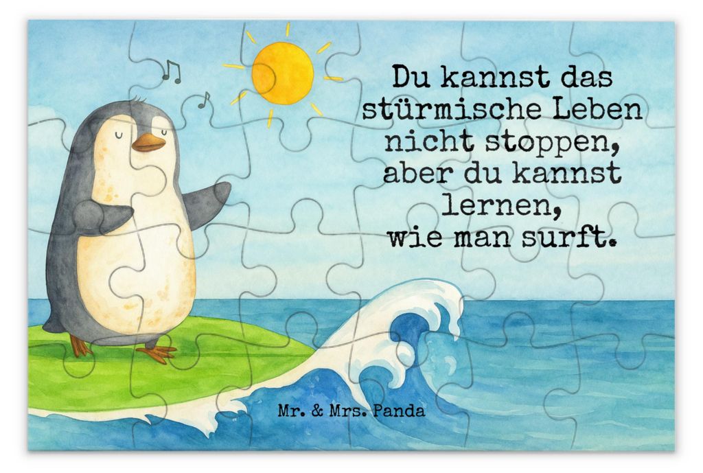 Mr. & Mrs. Panda Puzzle Pinguin Surfer Design 24 Teile - Weiß - Geschenk, 500, Lebensweisheit, 2000, Hawaii, Portugal, Motiviert, Puzzlespiel, Ged...