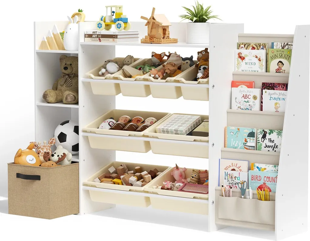 Système de rangement jouets 3 en 1 avec 8 bacs et bibliothèque en tissu
