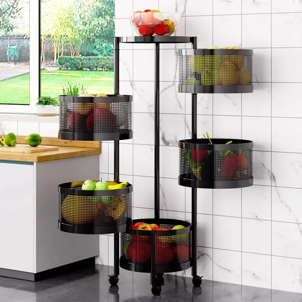 Desserte de cuisine rotative 360° avec paniers amovibles en métal gris