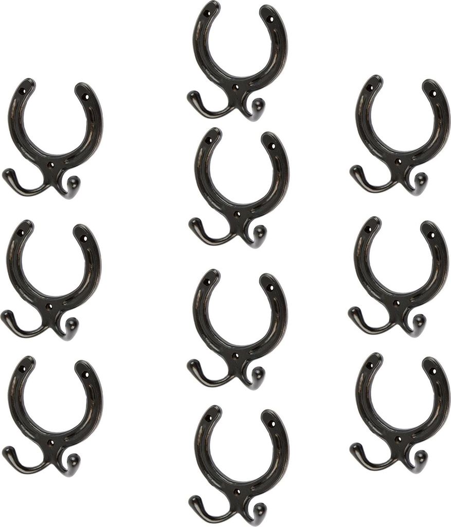 10x Horseschuh Doppel Mantel Haken Gusseisen Vintage W100mm x H110mm Schwarz