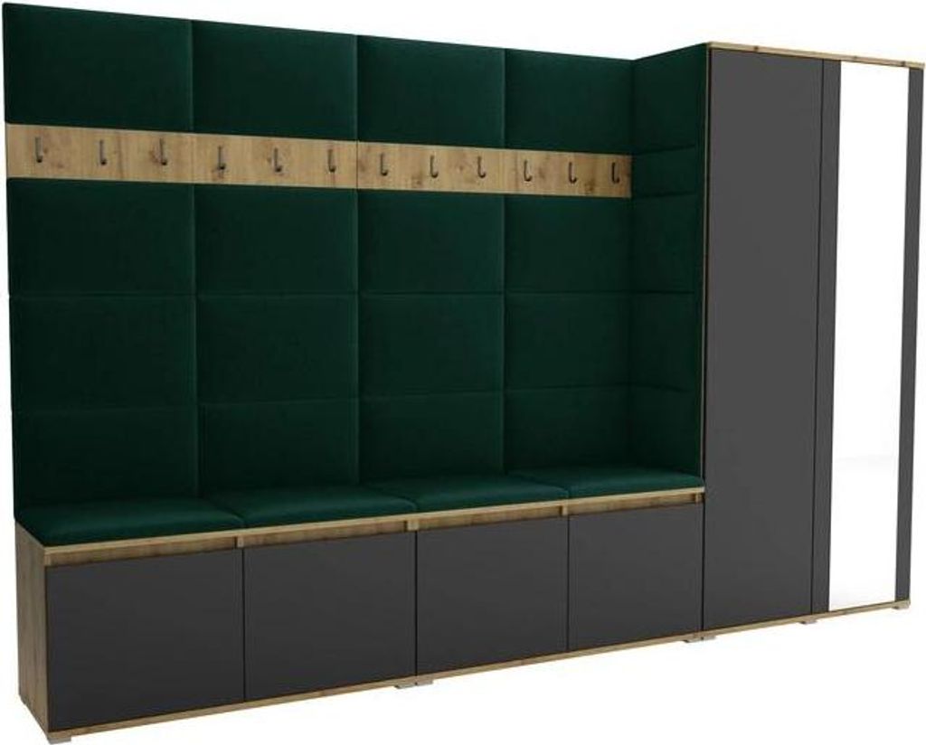 Garderoben-Set Noris V mit Spiegel, gepolsterte Garderobe 290 cm, Flurmöbel mit Wandpaneelen, 12 Haken und Schrank (Farbe: Artisan Eiche/Schwarz +...
