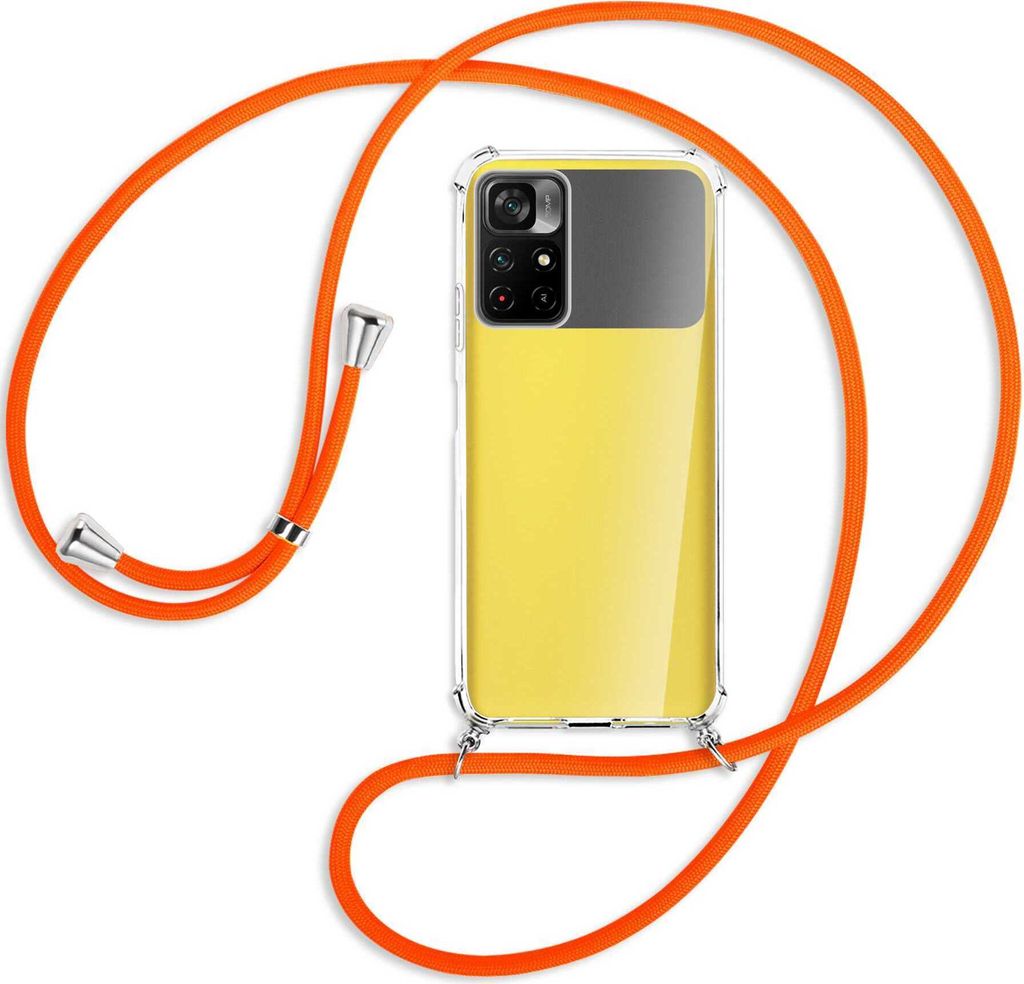 Handykette Backcover-Schutzhülle mit Band (Metall silberfarben) für Xiaomi Redmi Note 11 - neonorange