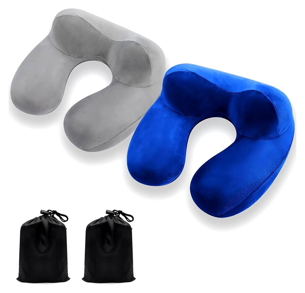 Aufblasbares Reisekissen, 2 Set Reise Nackenstütze, 100% weicher Samt Nackenkissen Aufblasbar, orthopädisches Nackenhörnchen, elastisches Nacken...