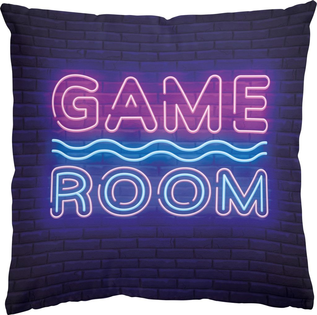 Dekokissen Sprüche drinnen / Indoor Zierkissen Canvas waschbar Design blau Neon Art Sofakissen mit Füllung