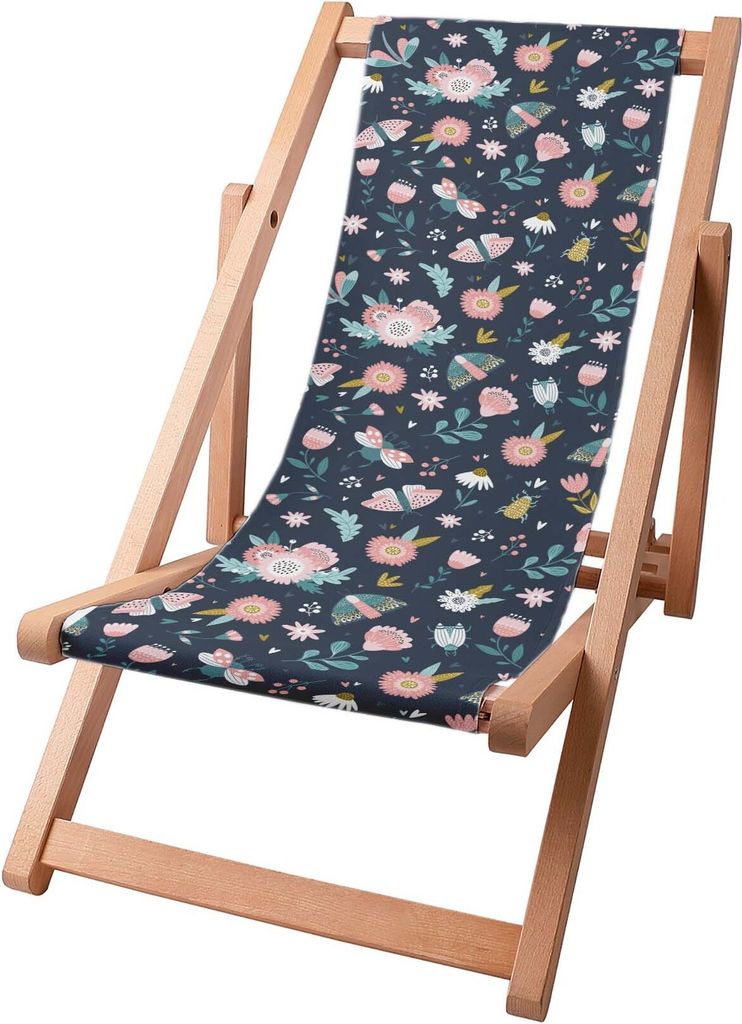 A wooden folding deck chair with a dark blue fabric seat featuring a floral and bug pattern.