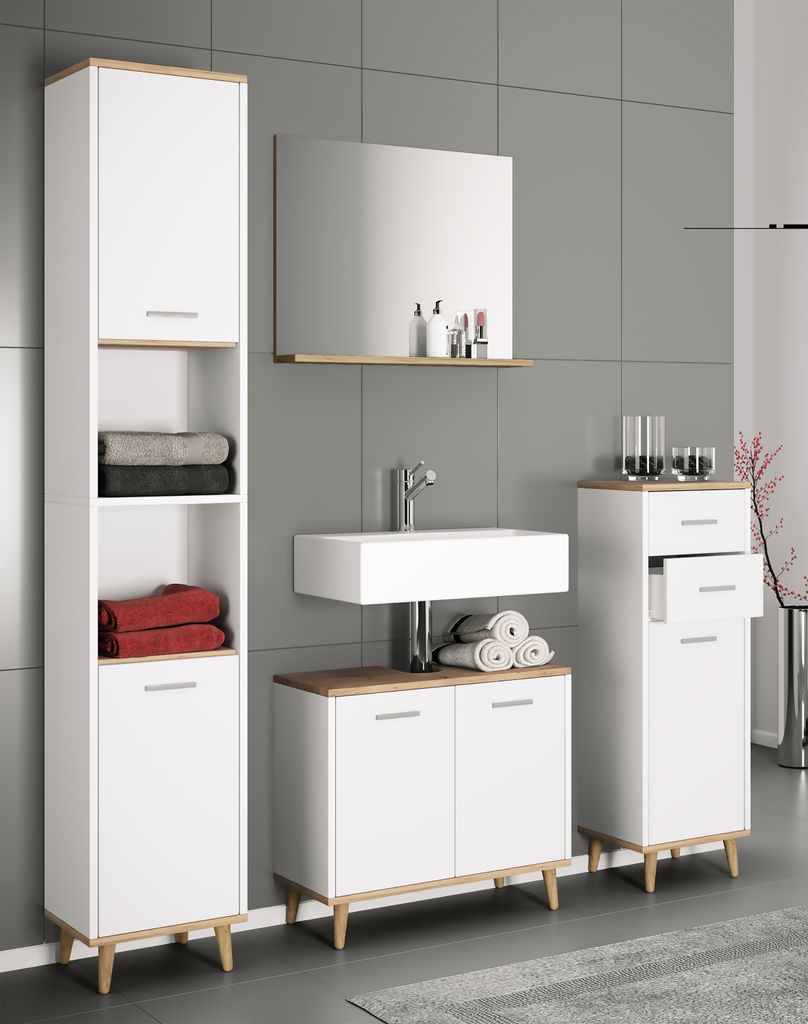 Landos Hochschrank Bad weiß, Eiche Nachbildung. Produktbild 2