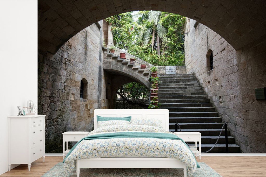 MuchoWow Fototapete für Wohnzimmer oder Schlafzimmer Wandtapete Vinyl Motivtapete Stufen in der Altstadt von Rhodos - 600x400 cm - Vinyltapeten