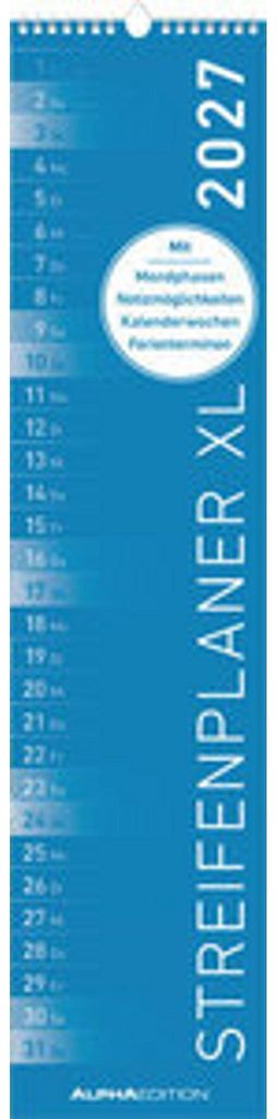 Alpha Edition Streifenplaner 2027, Blau, 15 x 64 cm, Deutsches Kalendarium, einspaltig