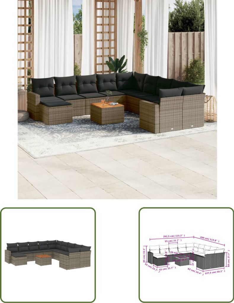 The Living Store 12-tlg. Garten-Sofagarnitur mit Kissen Grau Poly Rattan