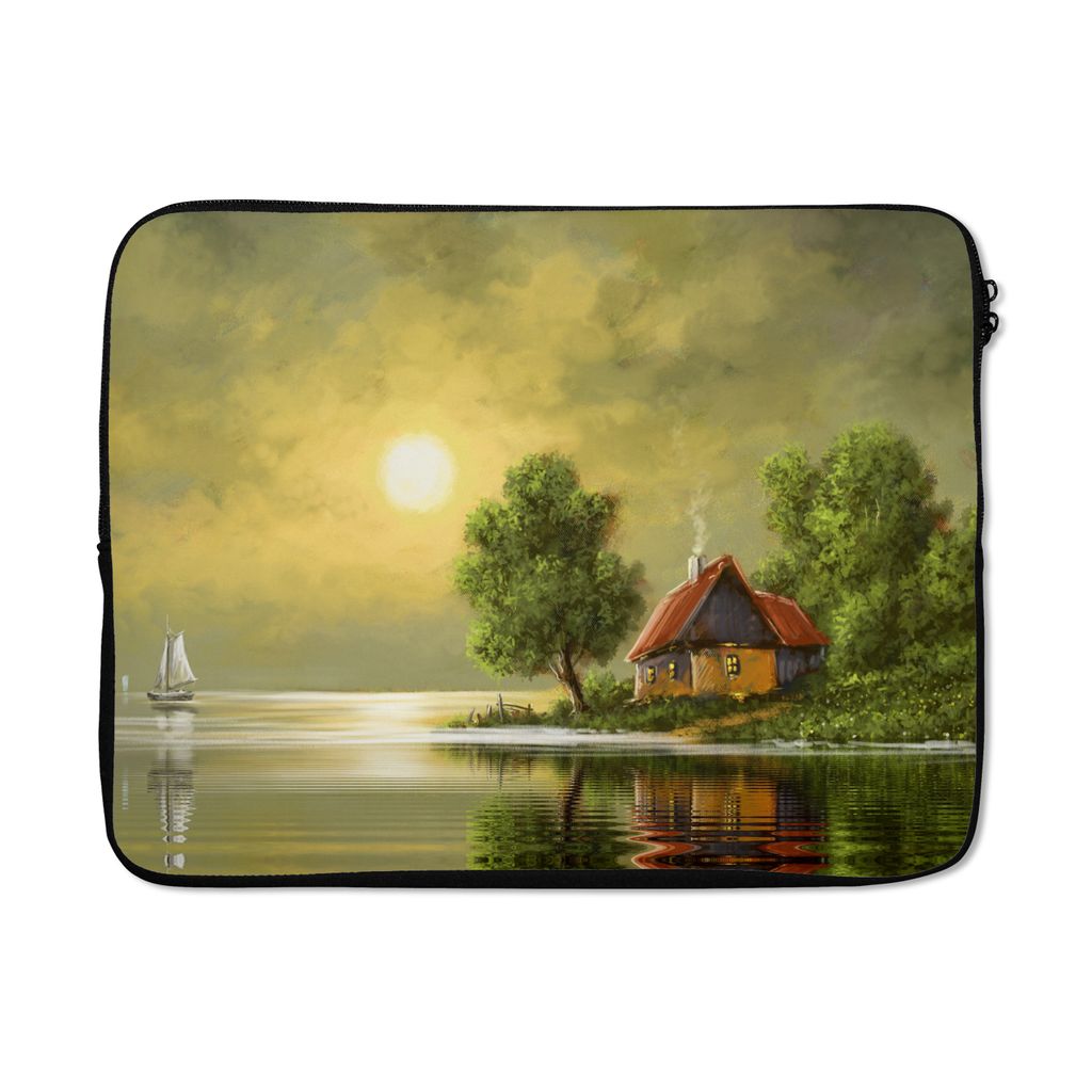 MuchoWow Laptop Hülle 17 Zoll Laptoptasche Gemälde - Ölfarbe - Haus - Natur - Wasser - Zipper - Schutzabdeckung