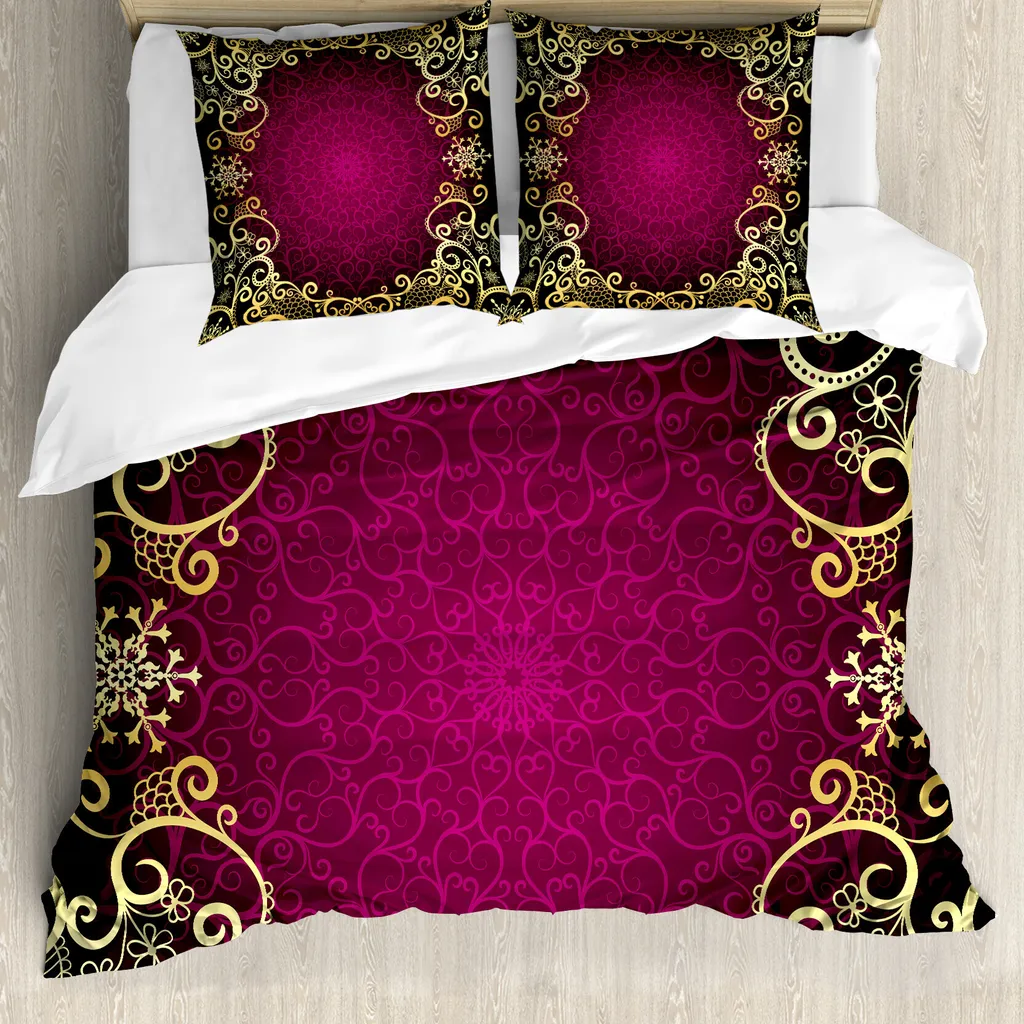 ABAKUHAUS Copripiumino Mandala, cornice viola riccioli, antiacaro, adatto a chi soffre di allergie, con federe, 155 cm x 220 cm - 80 x 80 cm, giallo pallido fucsia