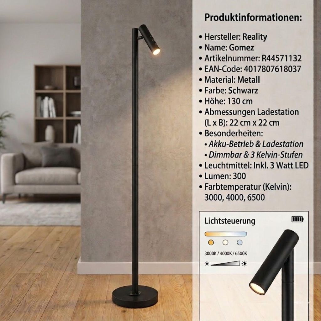 Akku-Stehleuchte Reality Leuchten Gomez 3 Watt LED Schwarz Produktbild 