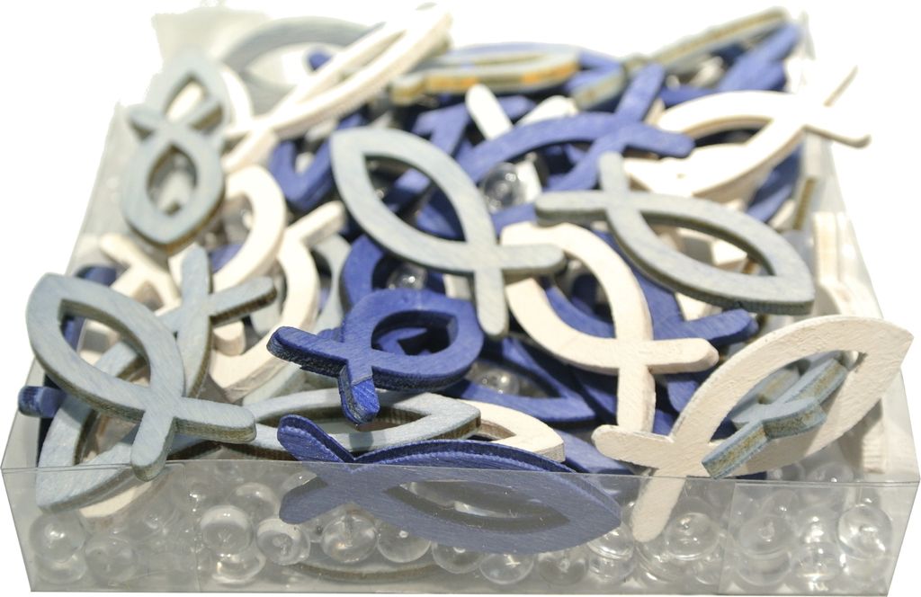 300-tlg Streudeko für Kommunion Konfirmation Taufe Holzfische + Glitzerperlen - 0,04 € pro Stück