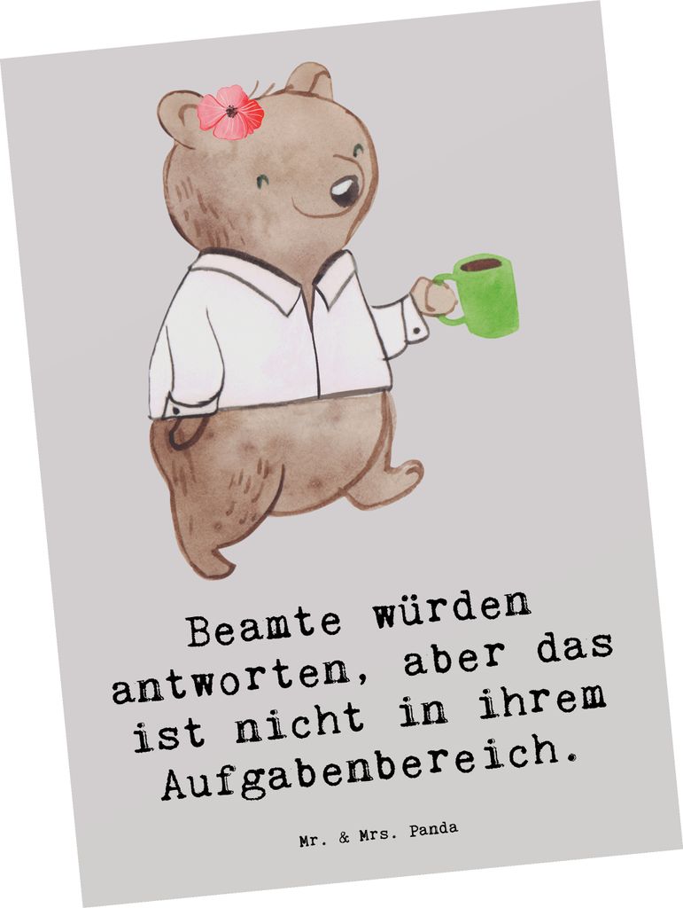 Mr. & Mrs. Panda Postkarte Beamtin Humor - Grau Pastell - Geschenk, Struktur, Berufsgestaltung, Beruf, Geschenke mit Herz, Dokumente, Aufgabenberei...