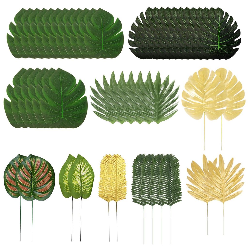 Dschungel-Geburtstagsdekoration: 50 künstliche Palmenblätter, tropisches Monstera-Blatt-Dekorationsset mit 9 verschiedenen tropischen Blättern f...