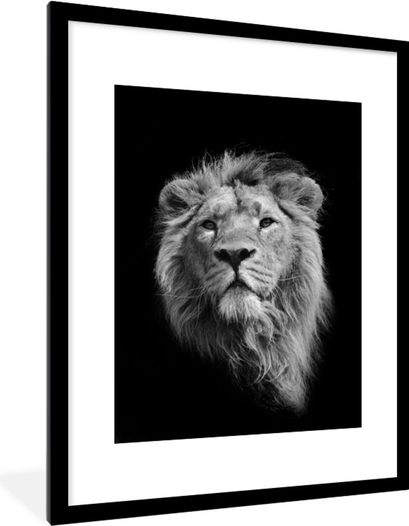 MuchoWow MuchoWow Gerahmtes Poster Löwe - Porträt - Schwarz - Weiß 60x80 cm - Poster mit zchwarzem Bilderrahmen - Wohnzimmer - Dekorationen ...
