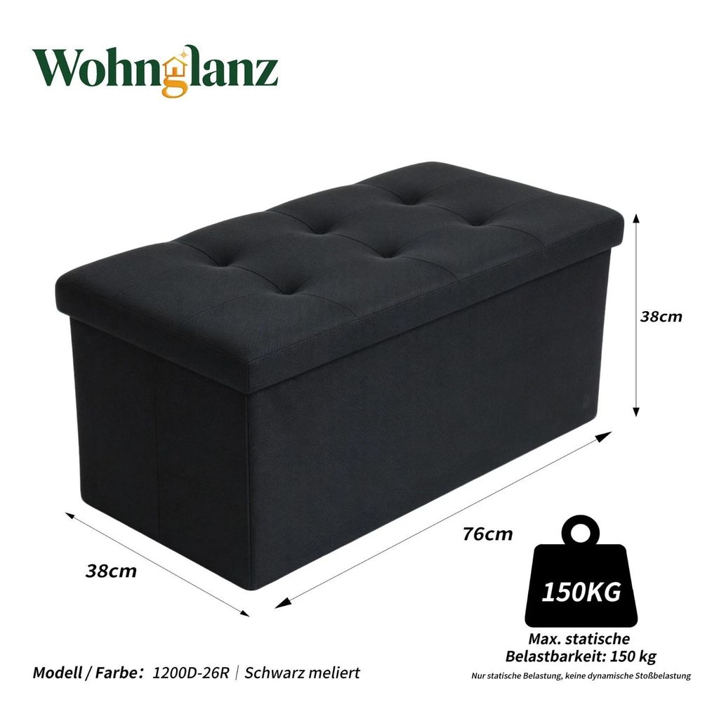 Bettbank Sitzbank mit Stauraum 76cm Schwarz gepolstert bis Produktbild 