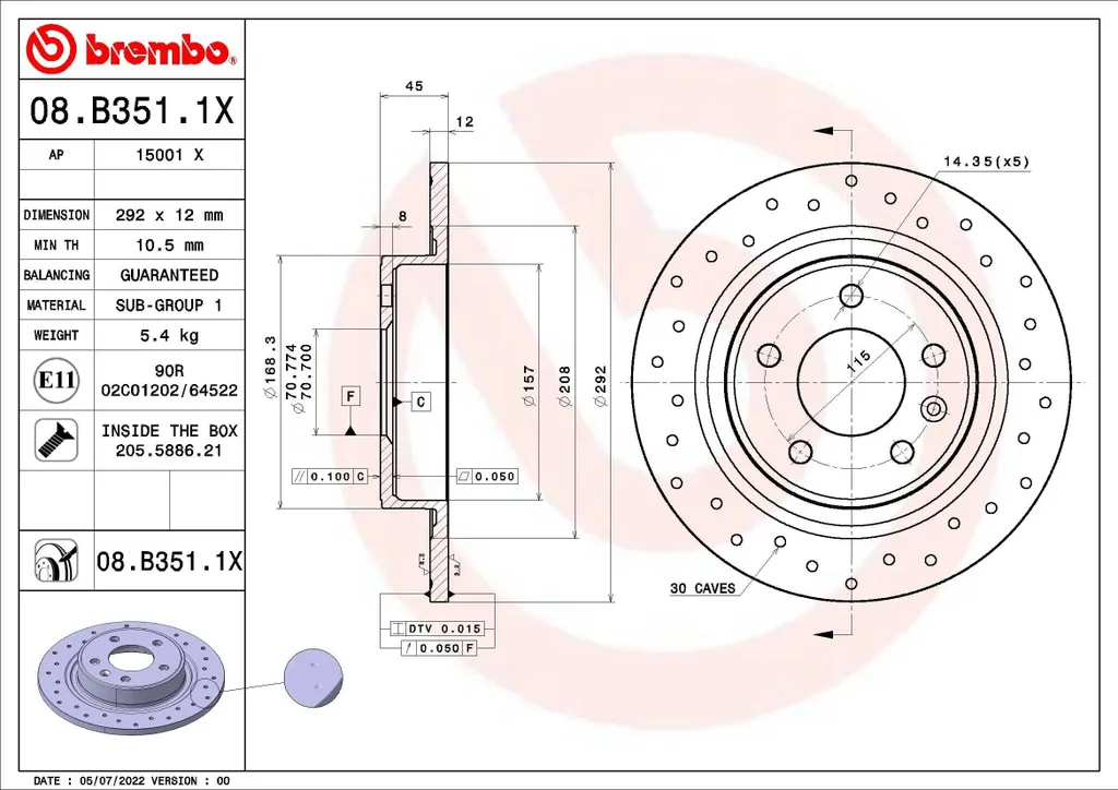 Disque de Frein Vernis UV Brembo 08.B351.1X pour Opel Cascada et Astra