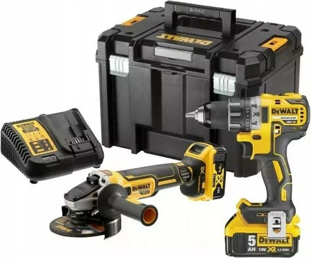 A set of DeWalt power tools including a drill, an angle grinder, a charger, and a storage case, arranged on a white background.