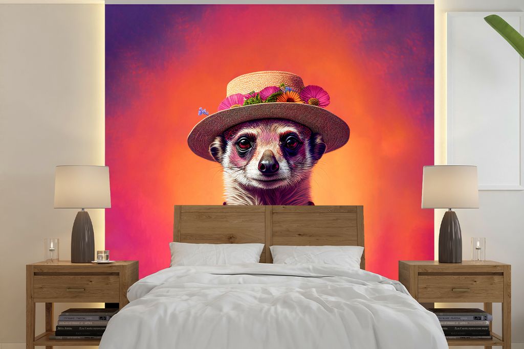 MuchoWow Fototapete für Wohnzimmer oder Schlafzimmer Wandtapete Vinyl Motivtapete Erdmännchen - Blumen - Hut - Tiere - Porträt - 300x300 cm - ...