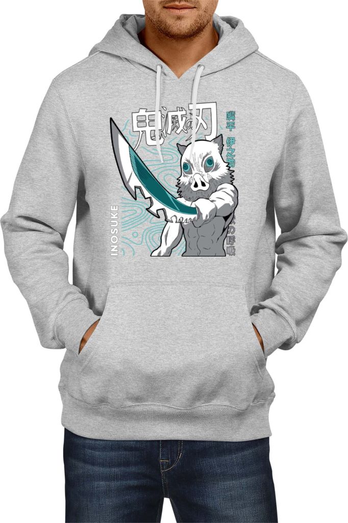 Herren Kapuzenpullover Demon Anime Slayer Inosuke Hashibara 004, Man XL / Grau