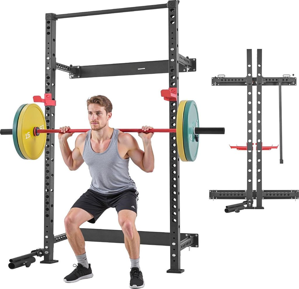 Power Cage / Power Rack - Wandmontiert Klappbar - 454 kg Belastbarkeit - Landminenhalterung - Verstellbare J-Haken - Klimmzugstange - Für Heimstudio