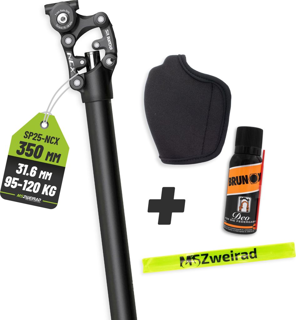 Suntour Parallelogramm Federsattelstütze SP25-NCX 350/31,6 mm 90-120 kg + Brunox Deo und Reflexband